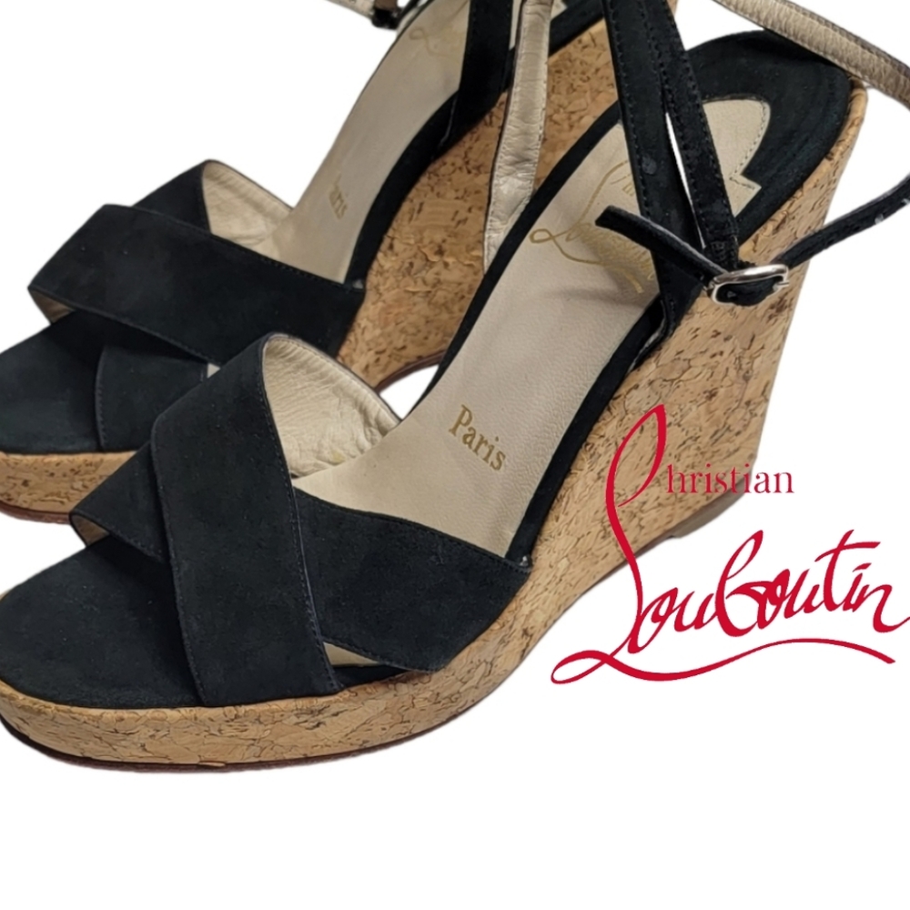 ⭐Christian Louboutin Wedge Sandals Cork Ankle Strap Black Suede